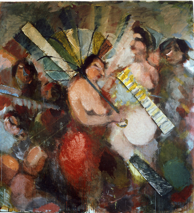 Sonnenschirm, ca 100 x 120 cm, Tempera und Papier auf Leinwand